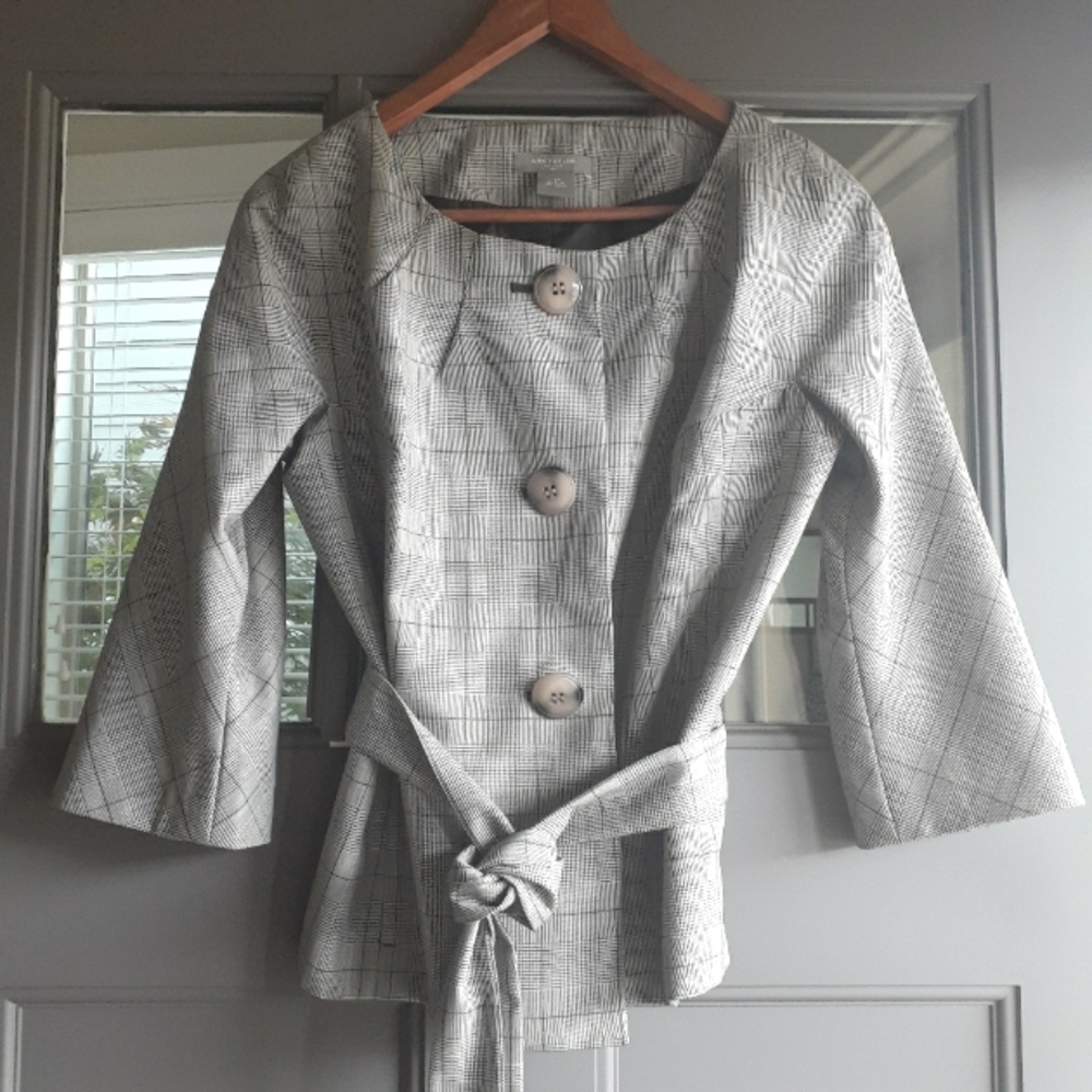 Ann Taylor Petites Women's Gray Plaid Blazer Sash 10P Classic Office Neutral